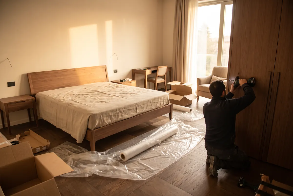 A fitter adjusting the wardrobe of a newly furnished hotel room