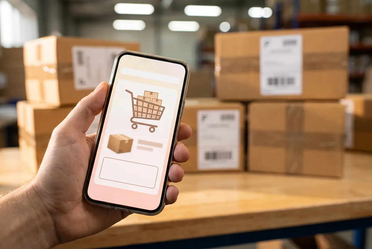 A phone showing an online shop cart, in front of parcels ready for shipping