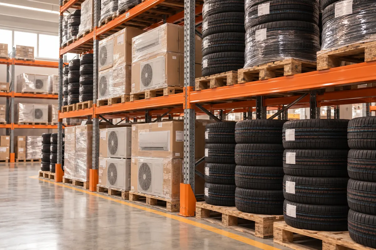 Tyres stacked on pallets and packed air conditioners in the warehouse