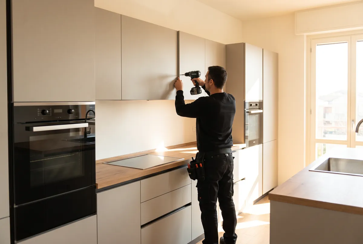 Consegna e montaggio mobili: un montatore col trapano sistema i pensili di una cucina appena montata