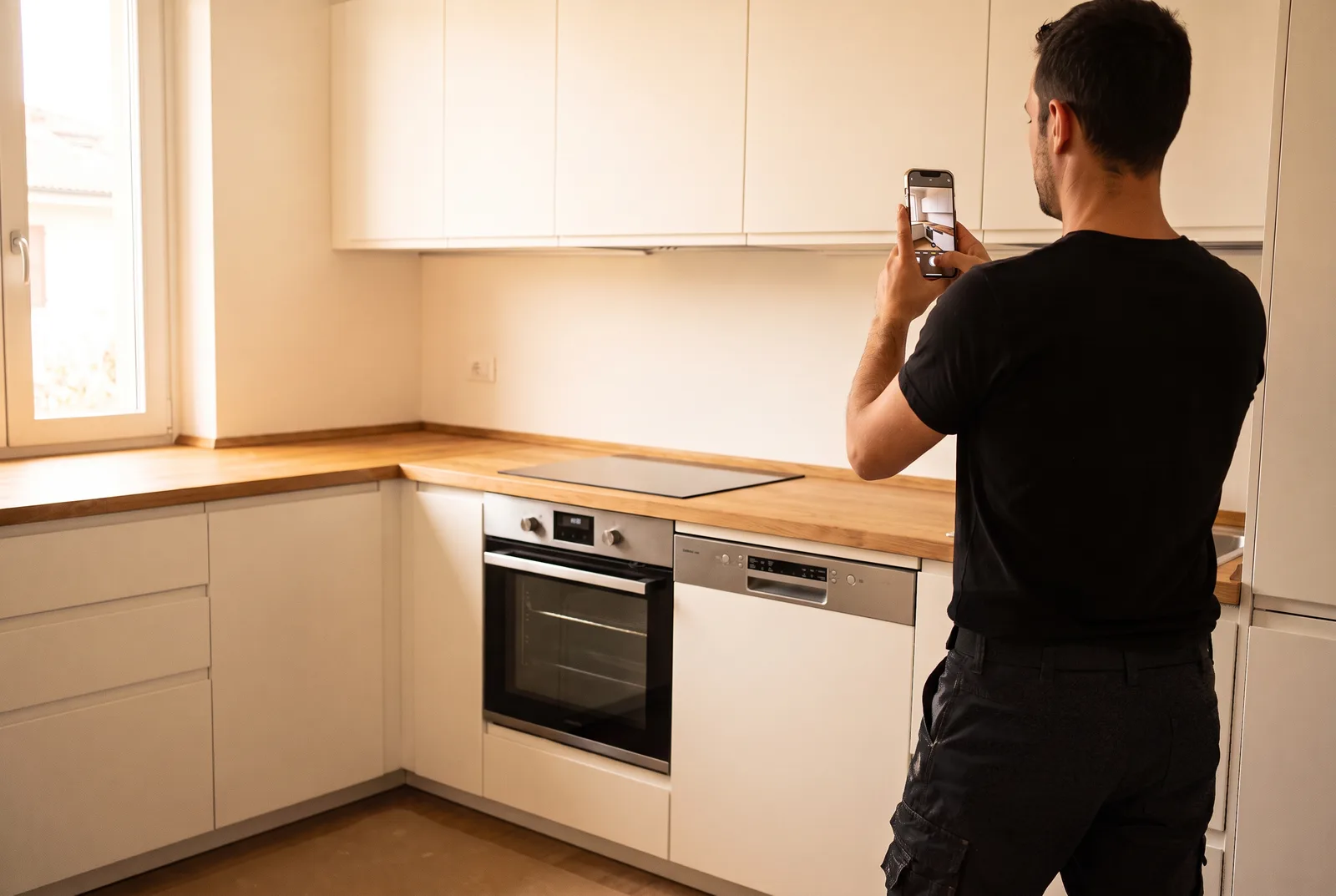 Report di consegna: un montatore fotografa col telefono la cucina appena montata