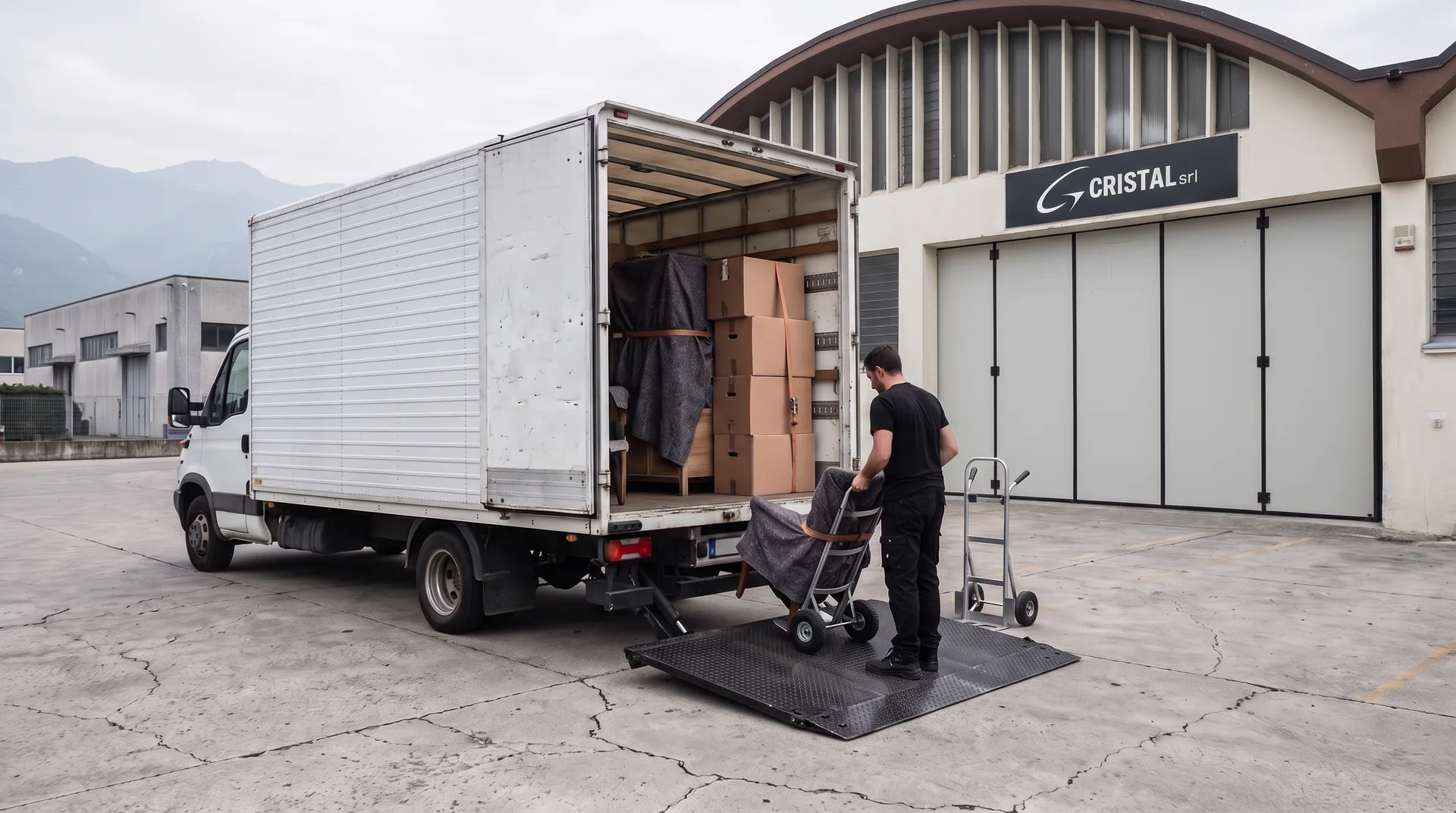Traslochi a Pordenone: un operatore in divisa nera carica i mobili imballati su un furgone bianco davanti al magazzino di Cristal